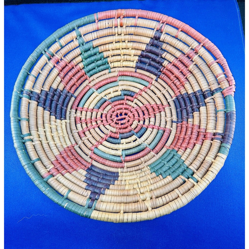 Vintage Coil Basket 11 X 3" Pink/Purple/Teal  And Natural Hand Woven